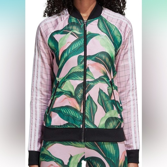 Adidas x Farm Rio Sz S Pink Palm Tropical Leaf Pattern Track Jacket Full Zip - Picture 2 of 15